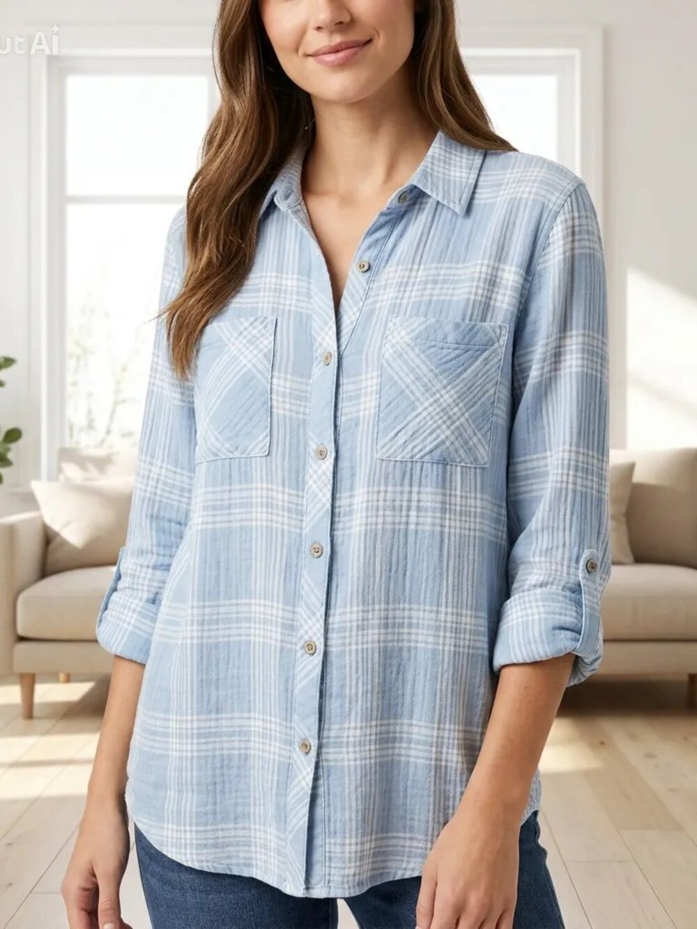 Sanctuary "Tomboy" Light Blue Plaid Button-Down Shirt
